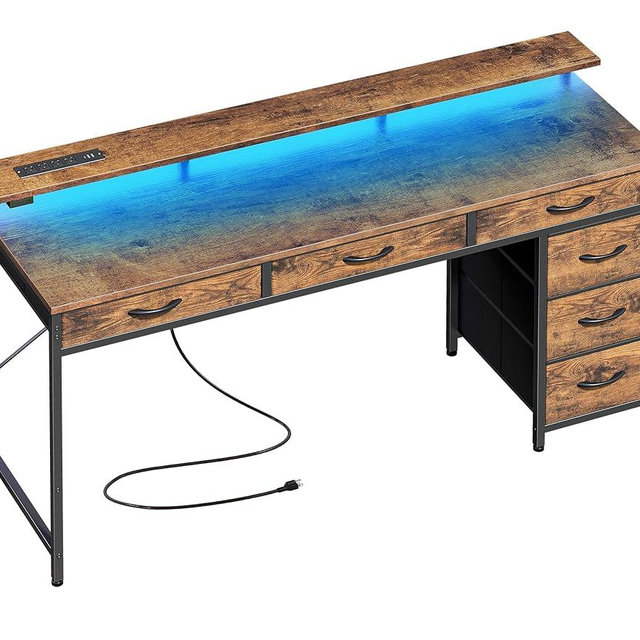 Huuger Gaming Desk with 6 Drawers, Computer Desk with LED Lights Power Outlets and Type-C, 55 Inch Office Desk with Storage, Monitor Stand, Work Desk for Home Office, Rustic Brown, 1CD057F
