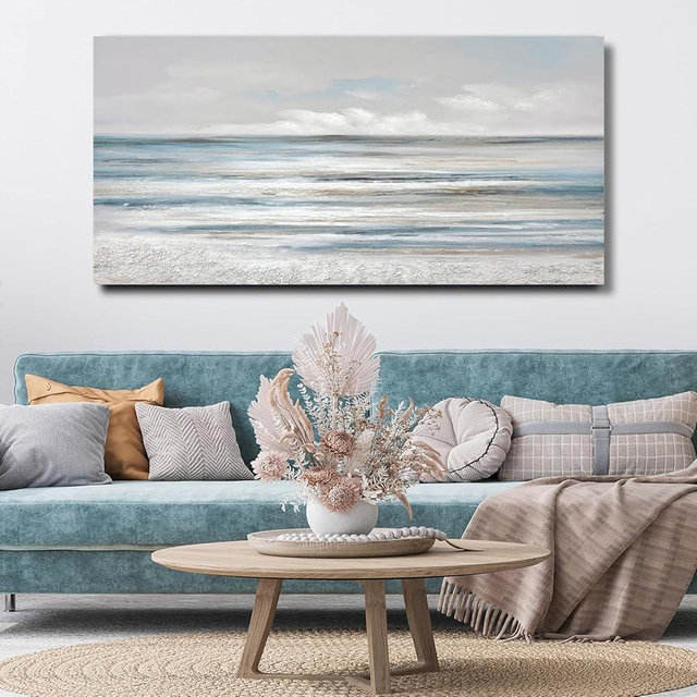 TRAIN2 ART Abstract Wall Art Modern Coastal Wall Decor Textured Blue and White Sea Background Canvas Wall Art for Living Room Bedroom Kitchen Office 24"x48"