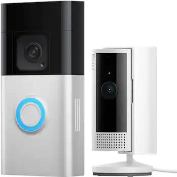 Ring - Essential Security Set with Battery Doorbell Plus and Indoor Cam - Satin Nickel and White