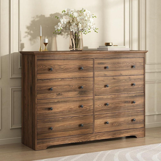 BAZELOR Dresser for Bedroom, 8 Drawer Dresser with Large Drawers, 51 Inch Wide Wood Chest for Living Room, Hallway, Walnut