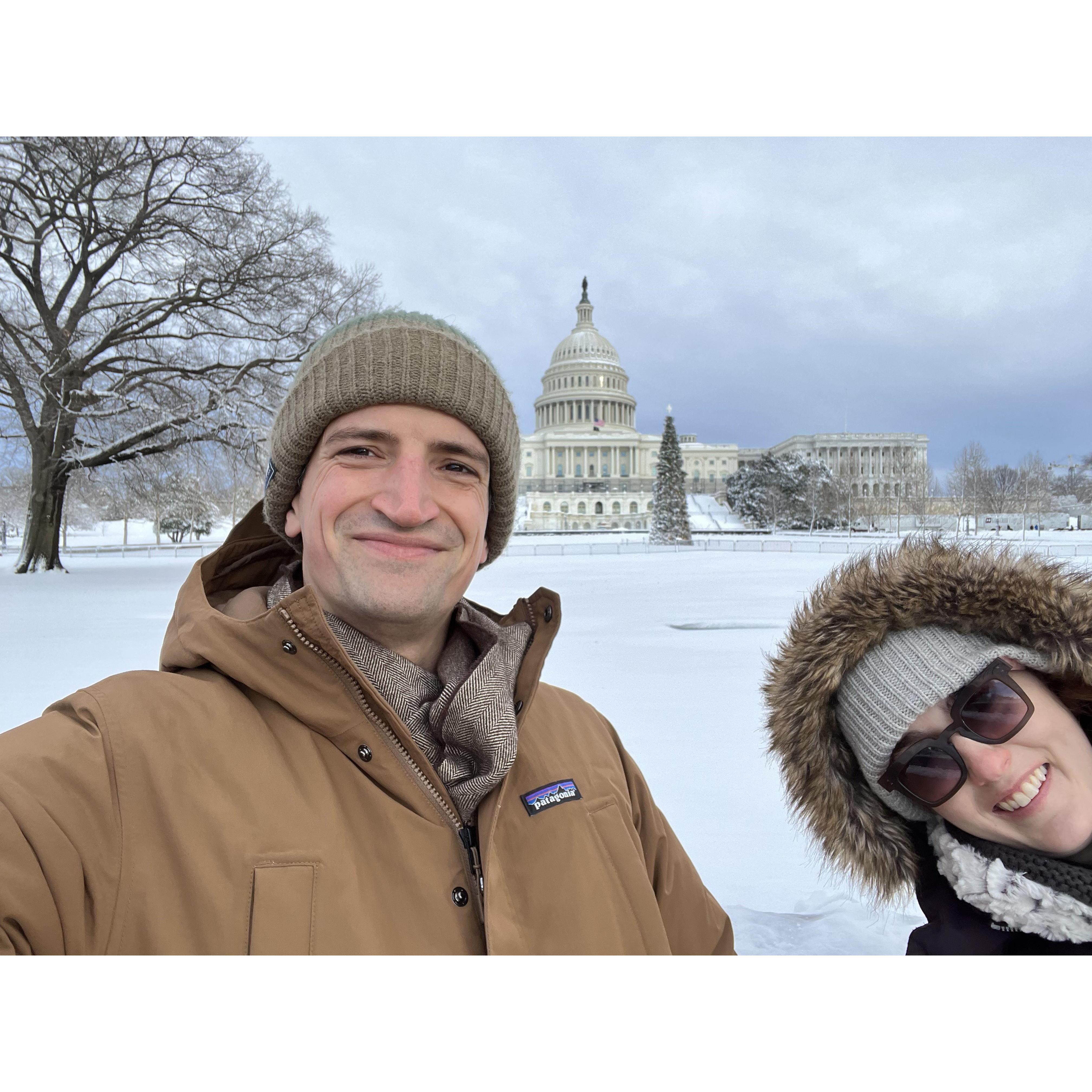 Snow day in DC this January. Tim wanted to cut Elle out of the picture but she snuck her way in.