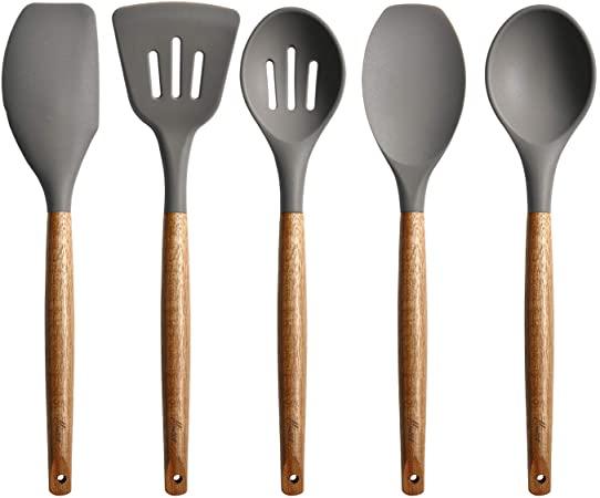 Miusco Non-Stick Silicone Cooking Utensils Set with Natural Acacia Hard Wood Handle, 5 Piece, Grey, High Heat Resistant