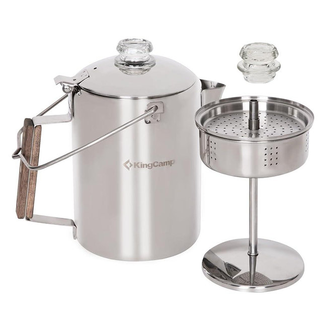 KingCamp Percolator Coffee Pot Campfire Coffee Boiler Kettle 304 Stainless Steel with Wood Handle for Outdoor Camping Cookware, Cabin, RV, Kitchen, Hunting & Backpacking, NO Aluminum or Plastic 9 Cup