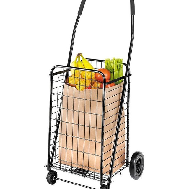 Whitmor Foldable Utility Shopping Cart with Wheels, Heavy Duty Metal Grocery Cart, Portable Foam Handle, Rolling Collapsible Trolley for Groceries, Laundry, Storage, Black
