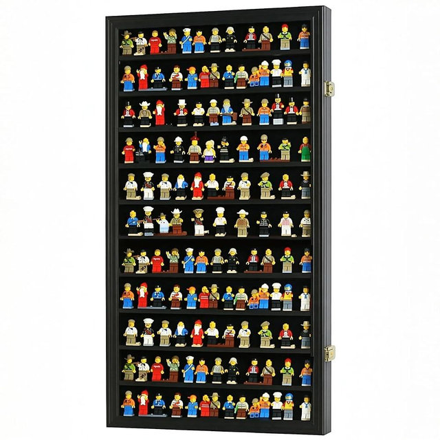 DisplayGifts Building Block Toy Minifigures Miniatures Thimble Display Case Wall Cabinet Standing Plates Included, UV Protection Door Black Finish Frame