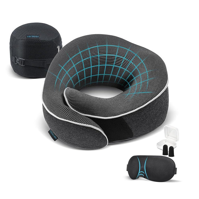 Proglobe Travel Pillow 100% Pure Memory Foam Neck Pillow, Pillows for Sleeping, Car and Airplane Travel Essentials, Travel Kit with 3D Contoured Eye Masks, Earplugs and Luxury Mesh Bag (Dark Grey)