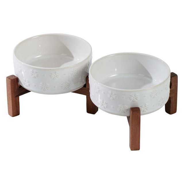 Havniva 5.1" Elevated Dog Bowls Ceramic Raised Dog Bowl with Non-Slip Stand (Acacia Wood) Two Height Options, Dog Food & Water Bowl for Small Breed Dogs Puppy - 1.6 Cups 13.5 oz