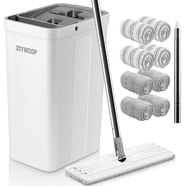 JOYMOOP Mop and Bucket with Wringer Set, Flat Floor Mop and Bucket, with 8 Microfiber Pads and Extended Handle, Wet and Dry Use, Household Cleaning Tools, for Hardwood, Laminate, Tile