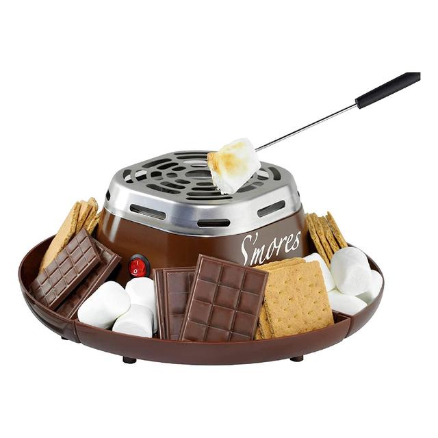 Nostalgia Indoor Electric S'mores Maker - Smores Kit - 4 Compartment Trays - Movie Night Supplies - Balcony Decor - Brown