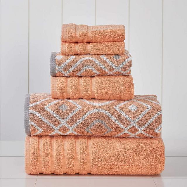 Amrapur Overseas 6-Piece Yarn Dyed Oxford Stripe Jacquard/Solid Ultra Soft 500GSM 100% Combed Cotton Towel Set [Coral]
