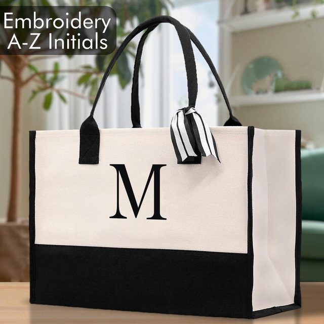 Personalized Monogram Embroidery Cotton Canvas Beach Tote Bag Initial Tote Bridesmaid Gift Tote Custom Beach Bag Gift for Her A-Z - Black