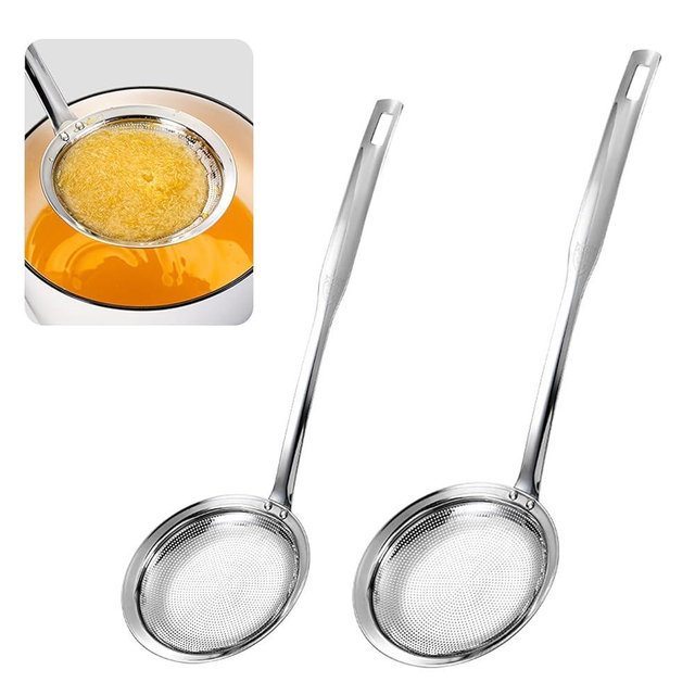 2 Pack Fine Mesh Strainer Stainless Steel Kitchen Sieve - Oil Grease Skimmer Spoon with Long Handle, Small Large Food Strainers for Frying Cooking Soup