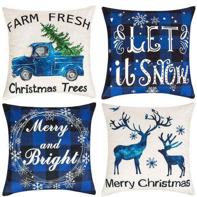 Ouddy Blue Christmas Pillow Covers 18x18 Set of 4, Linen Outdoor Christmas Throw Pillows Cases, Car Deer Snowflakes Buffalo Plaid Pillow Covers for Winter Holiday Sofa Bed Blue Christmas Decorations