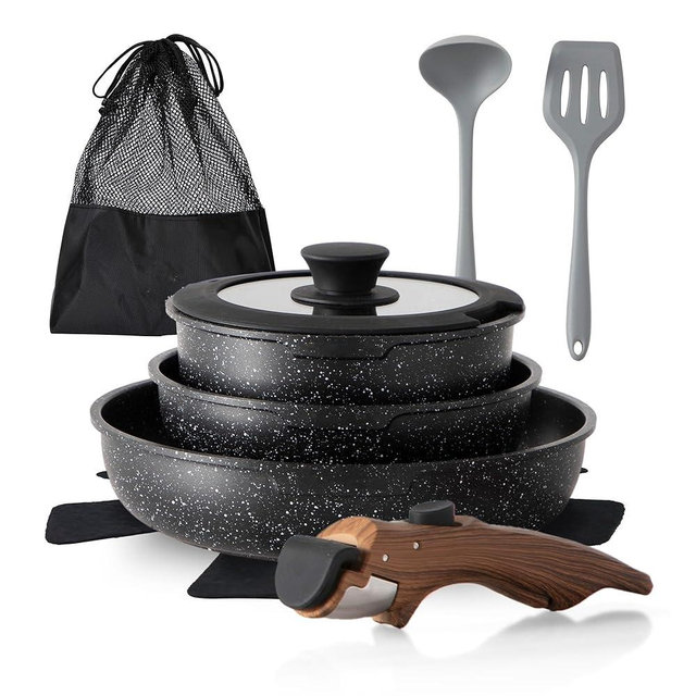 10 Pcs Pots and Pans Set Non Stick, Nonstick Kitchen Cookware Sets Detachable Handle, Induction Pots and Pans Set with Removable Handle, RV Cookware Set Oven Safe, PFOS, PFOA Free, Black