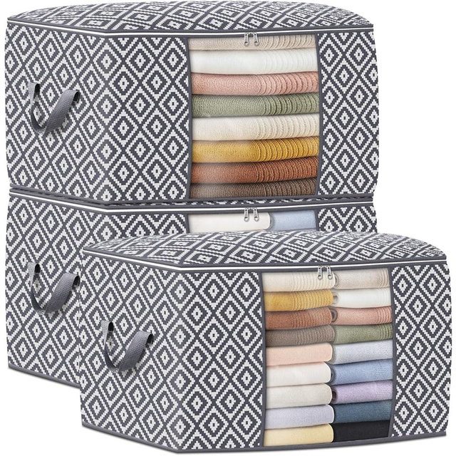 StorageTastic Direct 100L Storage Containers, Large Clothes Storage Bins Foldable Organization and Storage Bags with Reinforced Handle, Clear Window for Bedding, Blankets, Clothing, 3 Pack, Grey