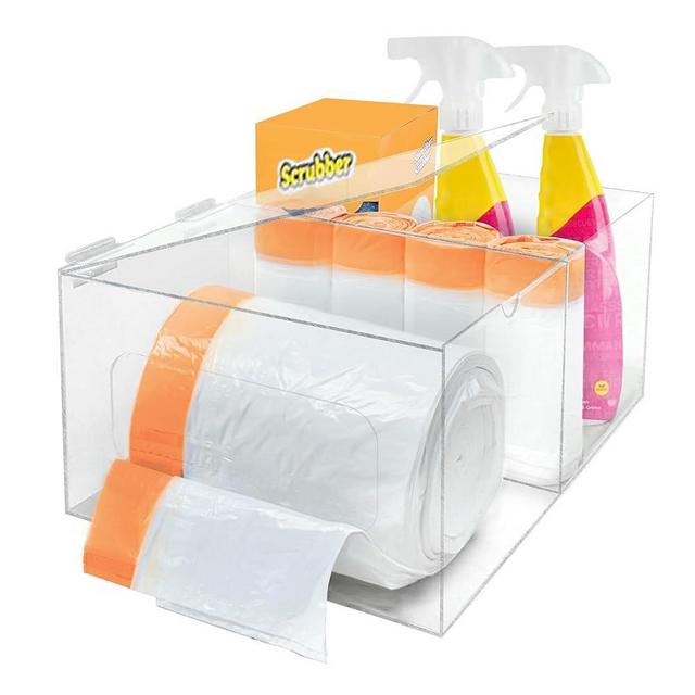 2 in 1 Extra Large Acrylic Trash Bag Dispenser & Under Sink Garbage Bag Organizer. 13 30 33 Gallon Garbage Bag Holder with Lid. Kitchen Trash Bag Storage Dispenser.