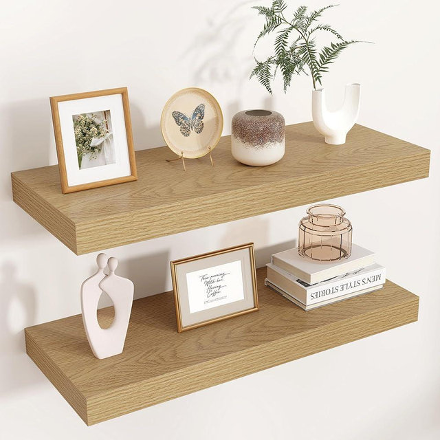 Venusmiles Floating Shelves - 2 Large Wall Mounted Shelves with Invisible Brackets, Long Wood Floating Wall Shelf for Living Room, Bedroom, Kitchen (Oak, 24" W x 9" D x 1.5" H)