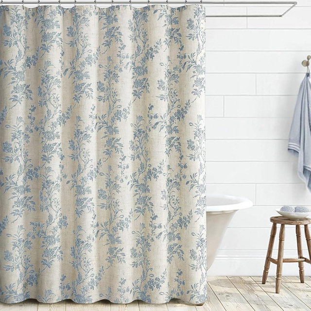 Awellife Blue Floral Shower Curtain, Beige Linen Cottagecore Shower Curtains for Bathroom 72" W x 72" L