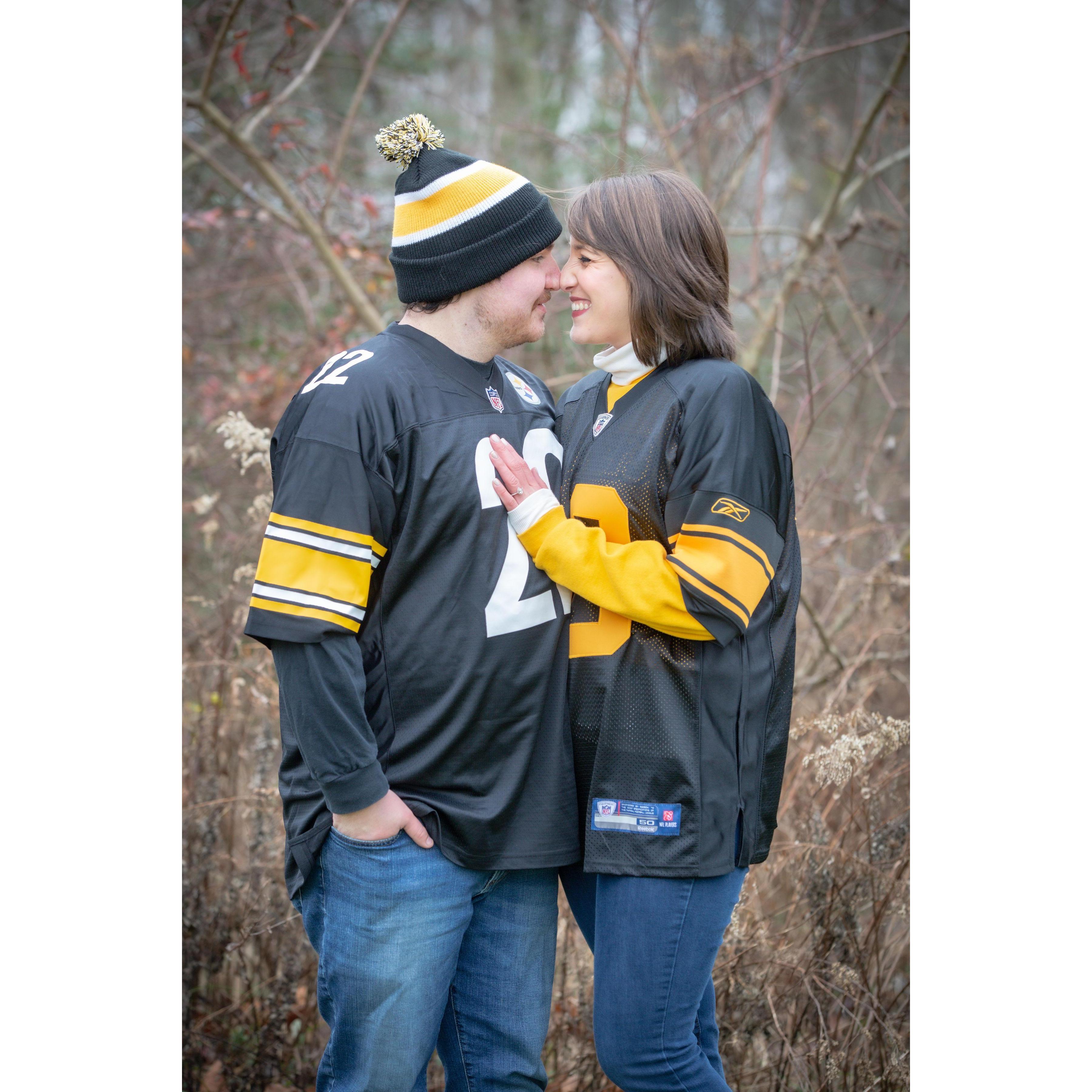 We happened to be going to the Steelers game right after our enagement photo shoot, so we had some Steelers gear pictures taken. 😊