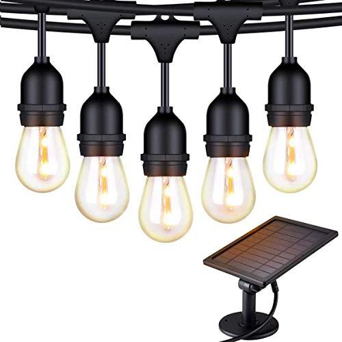 FOXLUX Solar String Lights - 48 ft LED Outdoor String Lights - Shatterproof, Waterproof Pergola Lights - 15 Hanging Sockets, Light Sensor, S14 Edison Bulbs - Decor for Patio, Backyard, Garden, Bistro