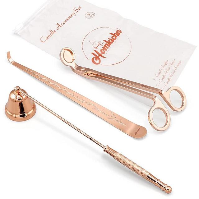 HOMKICHN Candle Snuffer, Wick Trimmer and Dipper, 3-in-1 Stainless Steel Candle Accessory Set with Zip Lock Bag for Candle Lovers - Rose Gold