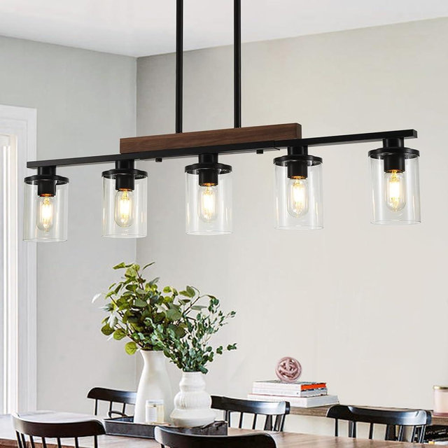 Kitchen Island Lighting,4-Light Dining Room Light Fixture/Chandelier Over Table,Black Modern Rustic Wood Ceiling Pendant Light Fixtures, with Clear Glass Shade,Farmhouse Chandelier (Black, 5-Light)