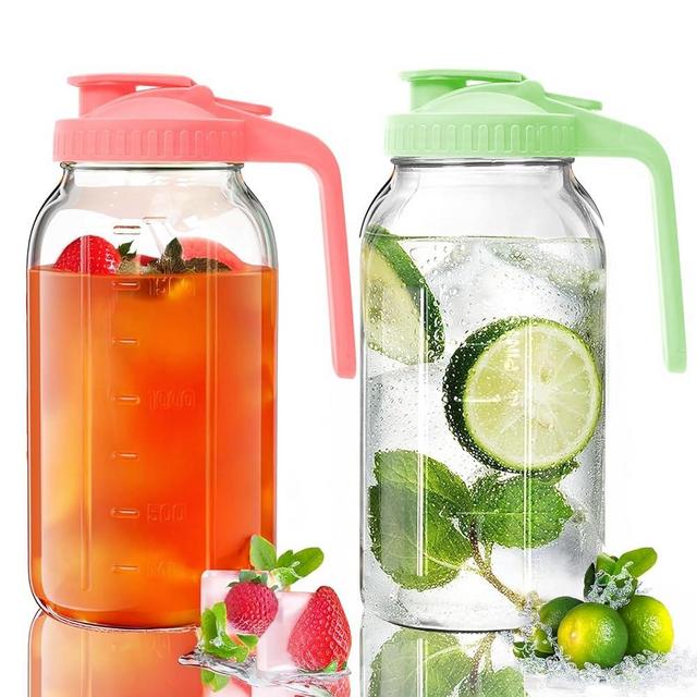 AsstarJTK 2 Pack Glass Mason Jar Pitcher - 64 oz/2 Quart Wide Mouth Jug with Lid and Pour Spout, Airtight Seal, Leak Proof Iced Tea Pitcher for Sun Tea, Juice, Breast Milk, Cold Beverages, Coffe