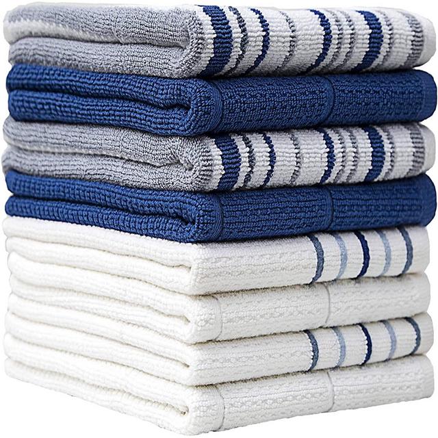 Premium Kitchen Towels (16”x 28”, 8 Pack) – Large Cotton Kitchen Hand Towels – Striped Design – 420 GSM Highly Absorbent Tea Towels Set with Hanging Loop – Blue