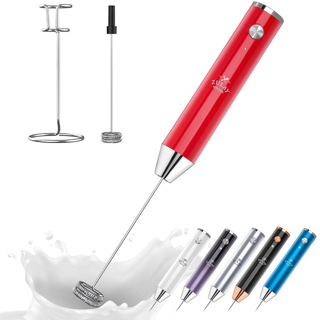 Zulay Kitchen Rechargeable Milk Frother Handheld Lux - Powerful 2-Speed Motor, Waterproof, 2000mAh Battery - Drink Mixer for Latte, Cappuccino, Matcha & Protein Powder - Scarlet