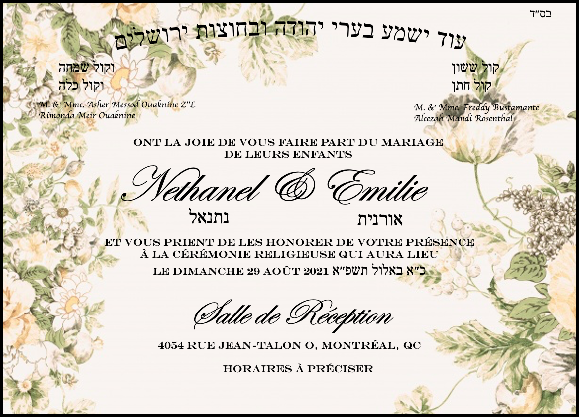 The Wedding Website of Emilie Rosenthal-Bustamante and Nethanel Ouaknine