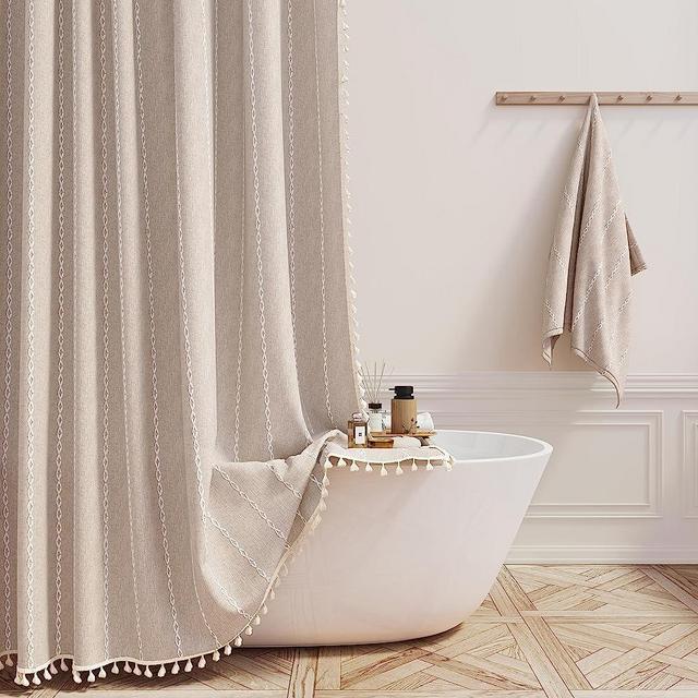BTTN Boho Farmhouse Shower Curtain, Linen Rustic Heavy Duty Striped Fabric Shower Curtain Set with Tassel, Water Repellent, Bohemian Vintage Country Cloth Shower Curtain for Bathroom, Tan/Taupe, 72x72