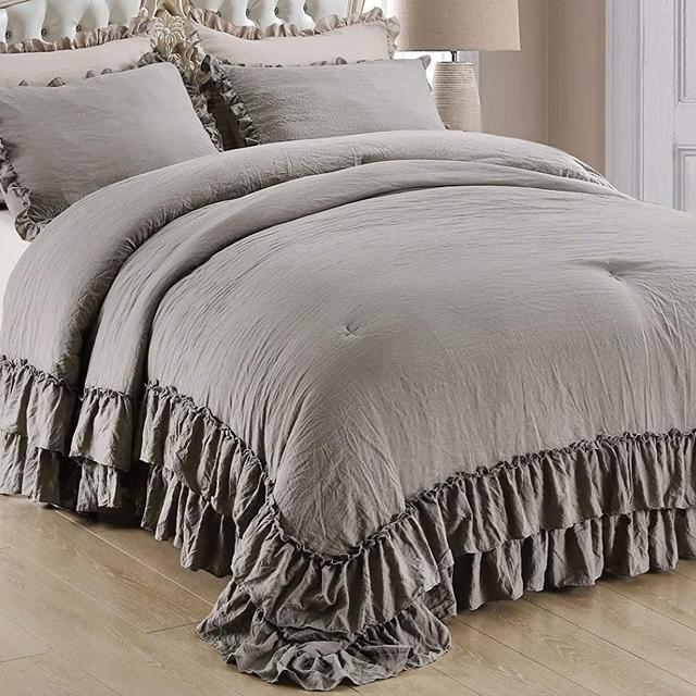 Queen's House Shabby Gray Ruffled Comforter Set, Lightweight Fluffy Comforter,Microfiber Inner Fill Bedding King Size