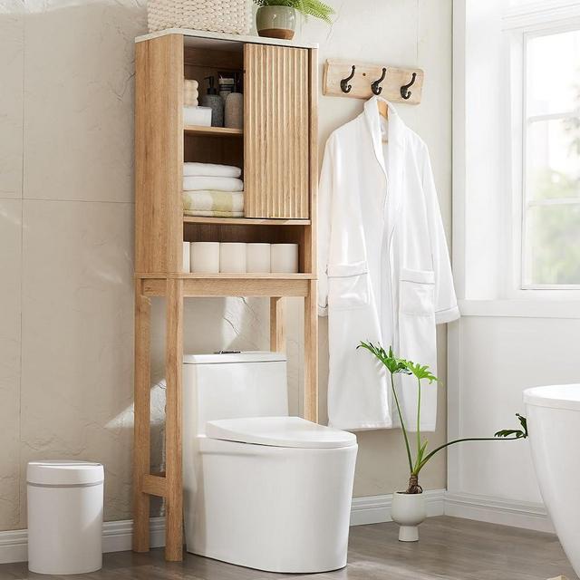 RedLemon Over The Toilet Storage Cabinet with Fluted Sliding Door, 68" Tall Wood Space Saver w/Faux Marble Top & Adjustable Shelf, Curved Profile Rack Organizer for Bathroom, Natural Oak
