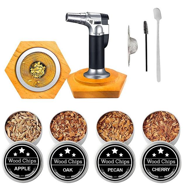 Old-Fashioned Bourbon Whiskey Cocktail Smoker-Kit - Aged Wood Drink Smoker Infuser Kit with Torch, Smoked Cocktail Kit with 4 Flavored Smoking Wood Chips, Bar Whiskey Smoker Gifts for Men (No Butane)