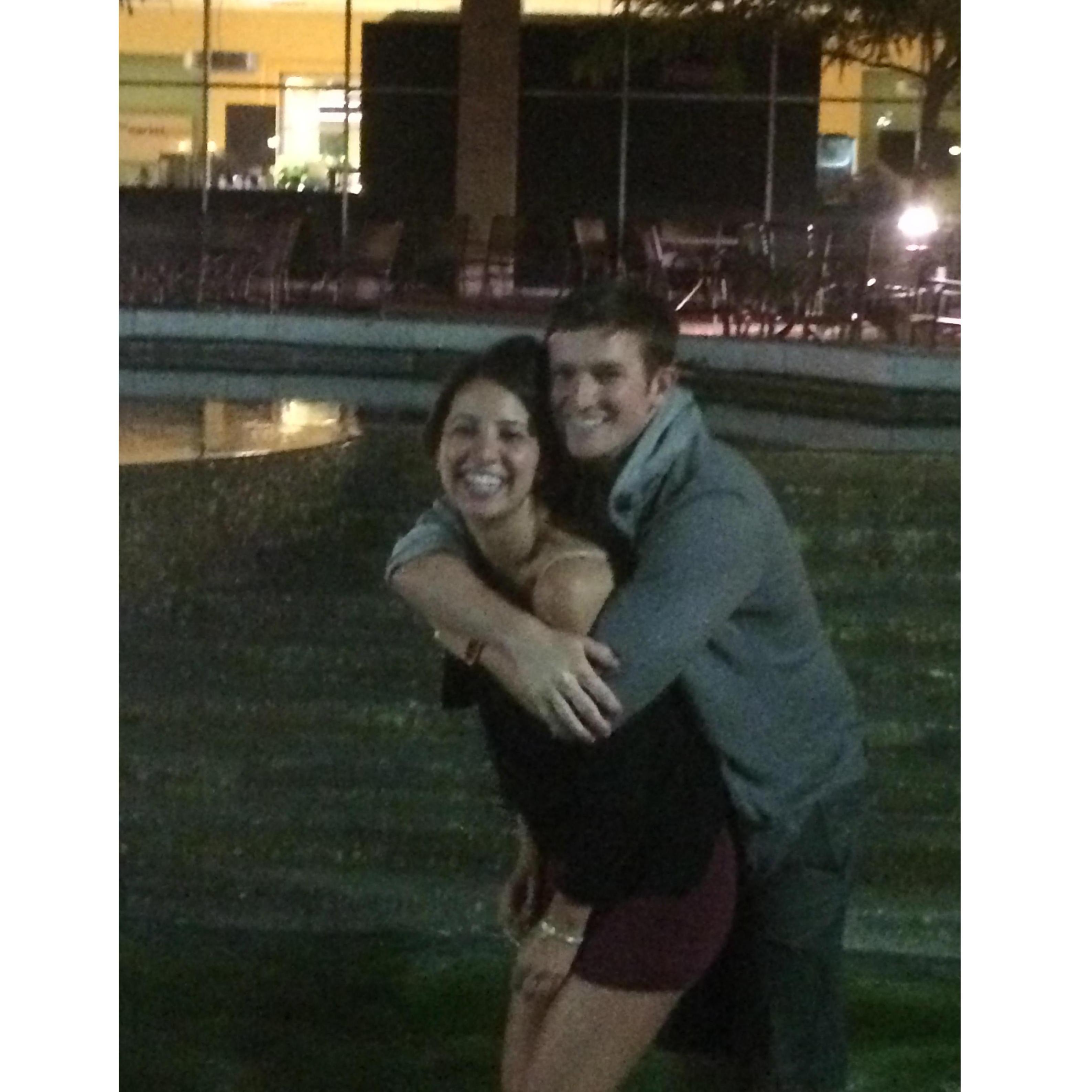 Taking a traditional dip in the Benson fountain at Santa Clara University, now both as college grads!