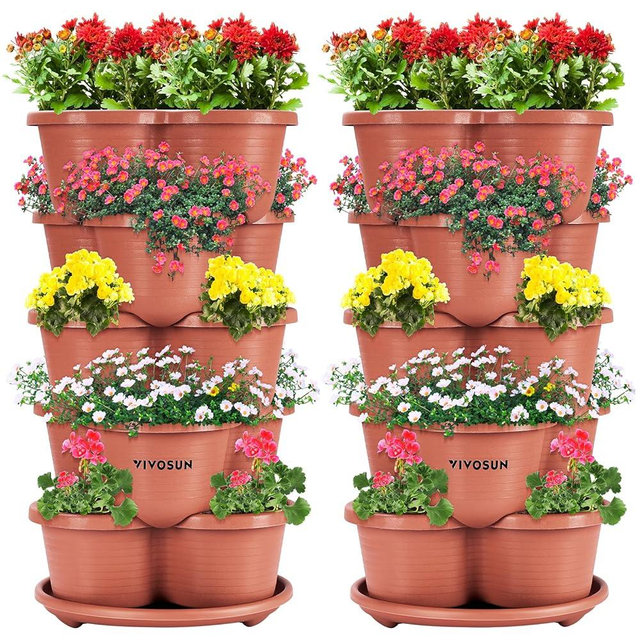 VIVOSUN 2-Pack 5 Tier Vertical Gardening Stackable Planter for Strawberries, Flowers, Herbs, Vegetables Brown