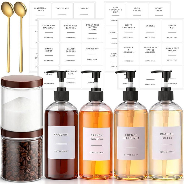 Acellegic 9 Pcs Coffee Syrup Dispenser Set 16.9 Oz/500 ml Plastic Coffee Syrup Dispenser Pump Bottle Pet Jar with Lids Gold Spoon and Labels for Home Bar Organization