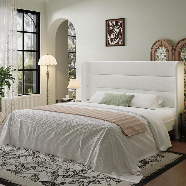 SHA CERLIN Queen Size Velvet Bed Frame/Vertical Channel Tufted Wingback Headboard/Upholstered Platform Bed with Wooden Slats/Mattress Foundation/No Box Spring Needed/Easy Assembly/White