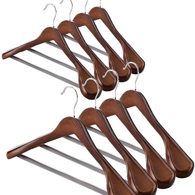 AMKUFO Wide Shoulder Wooden Hangers 8 Pack Coat Hangers with Non Slip Pants Bar, Heavy Duty Suit Hangers Wood Clothes Hangers with Smooth Finish 360° Swivel Hook for Sweater Jackets Shirts (Walnut)