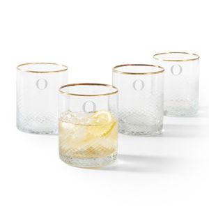 Monogrammed "O" Gold Rim Rocks Glasses, Set of 4 (Design: Didot Regular - Style 549)