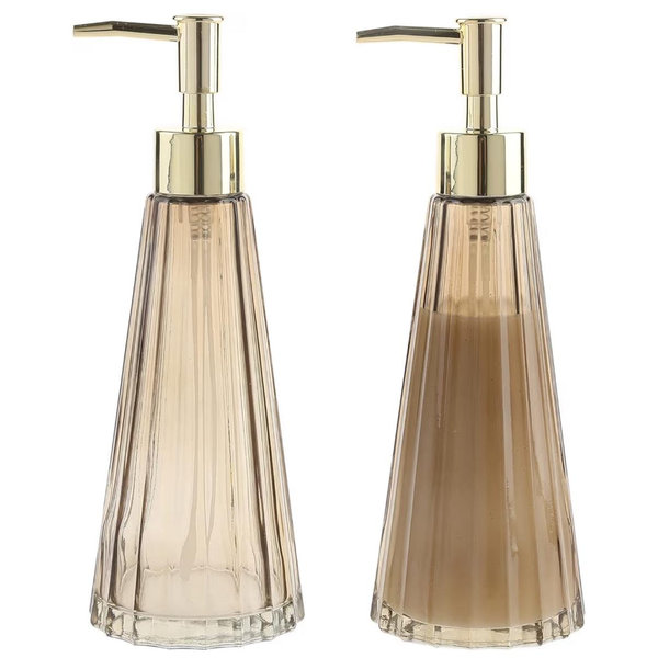 MyGift Vintage Smoked Glass and Brass Liquid Soap/Lotion Pump Dispenser with Vertical Ribbed Design, Set of 2