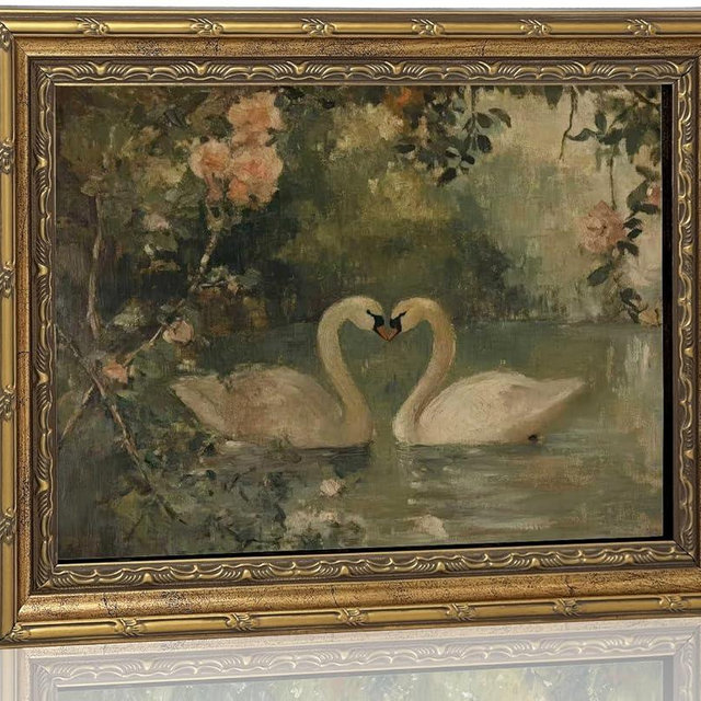 Vintage Gold Frame Romantic Swan Canvas Wall Art Classical Lake Couple Swan Wall Decor Grace Pink Green Nature Farmhouse Style Poster Print for Living Room Bedroom Home Decoration 9x11in