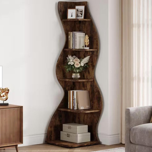 Eulas 69.8 in. Tall Rustic Brown Wood 5-Shelf Standard Bookcase Corner Bookshelf with Storage Shelf and Curvy Shape