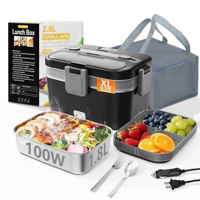 Electric Lunch Box for Adults, 2.8L Double Layer 100W Fast Heated Lunch Box, Heating Food Heater Warmer for Home Office Car Truck Use, Extra Large Lonchera Electrica Portátil 12/24V/110-230V, Black