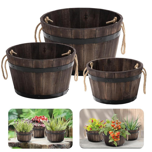 Idzo Set of 3 Wooden Flower Boxes Outdoor, Durable Acacia Wood Barrel Planters for Outdoor Plants with Ergonomic Handles, Drainage Holes, Multiple Sizes Wood Bucket Planter for Home Décor