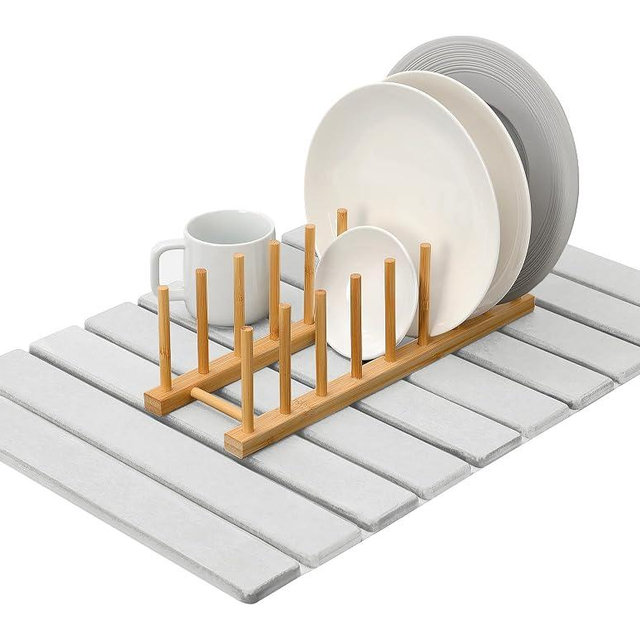 MHM Stone Dish Drying Mat – Volcanic Diatomaceous Earth from Changbai Mountains – Fast-Absorbing, Heat Resistant, Bamboo Rack Included – Eco-Friendly, Minimal Kitchen Drying Mat (Biege)