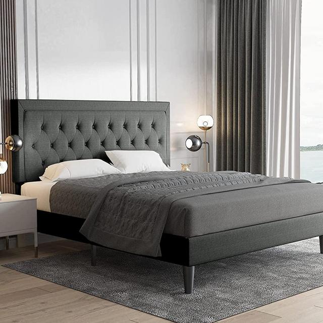 Allewie Queen Size Button Tufted Platform Bed Frame / Fabric Upholstered Bed Frame with Adjustable Headboard / Wood Slat Support / Mattress Foundation /Dark Grey (Queen)