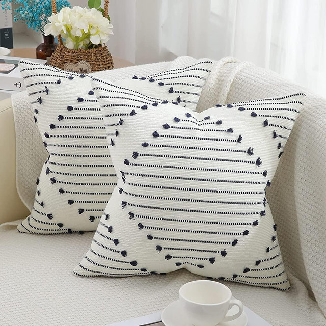 Mecatny Boho Throw Pillow Covers Navy and Cream White Pillow Covers 20X20 Set of 2 Farmhouse Decorative Pillow Covers for Couch Sofa Living Room