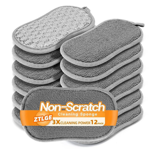 Multi-Purpose Scrub Kitchen Sponges – 12 Pack Dish Sponge, Dual-Sided Non-Scratch Microfiber & Metal Scrubber, Reusable Sponges for Dishes, Pots, Glass, Sink, Stovetop & Bathroom (Gray)