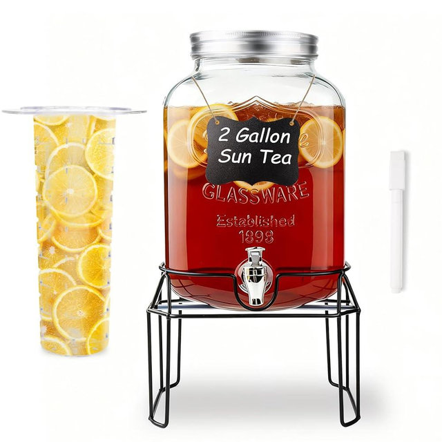 2 Gallon Glass Drink Dispensers For Parties,Beverage Dispenser with Stand,Fruit Infuser,Mason Jar Water Dispenser for Juice/Tea,Lemonade Dispenser for Parties,BPA Free Clear Water Pitcher with Spigot